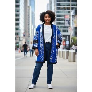 Jeanne Marc Collection Patchwork Blazer Jacket Blue Black M 12/14 USA